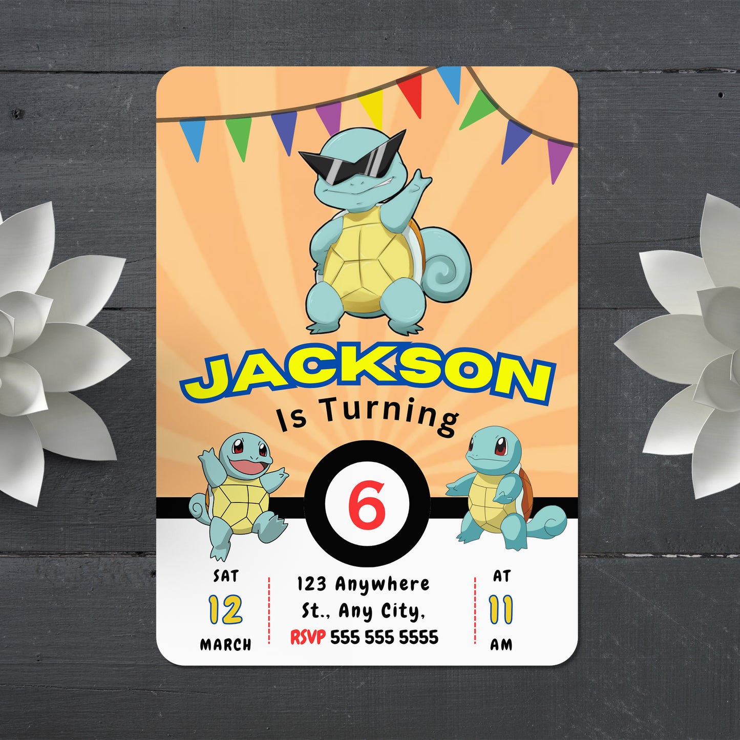 Squirtle Pokemon Birthday Party Invitation Template - CreativeRino