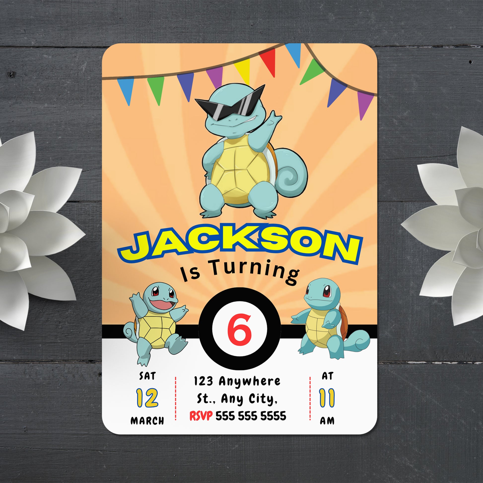 Squirtle Pokemon Birthday Party Invitation Template - CreativeRino