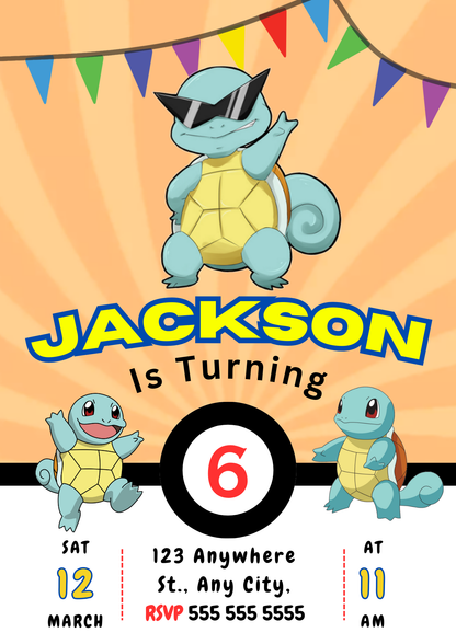 Squirtle Pokemon Birthday Party Invitation Template - CreativeRino