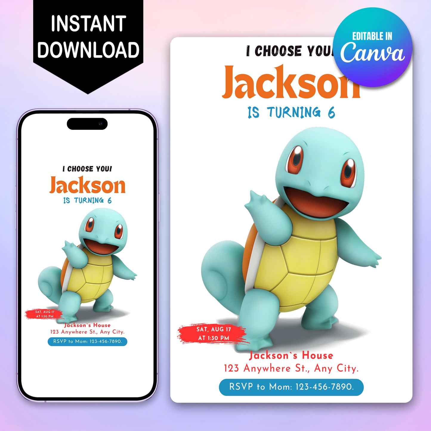 Squirtle Birthday Party Invitation Template | Pokemon Invite - CreativeRino