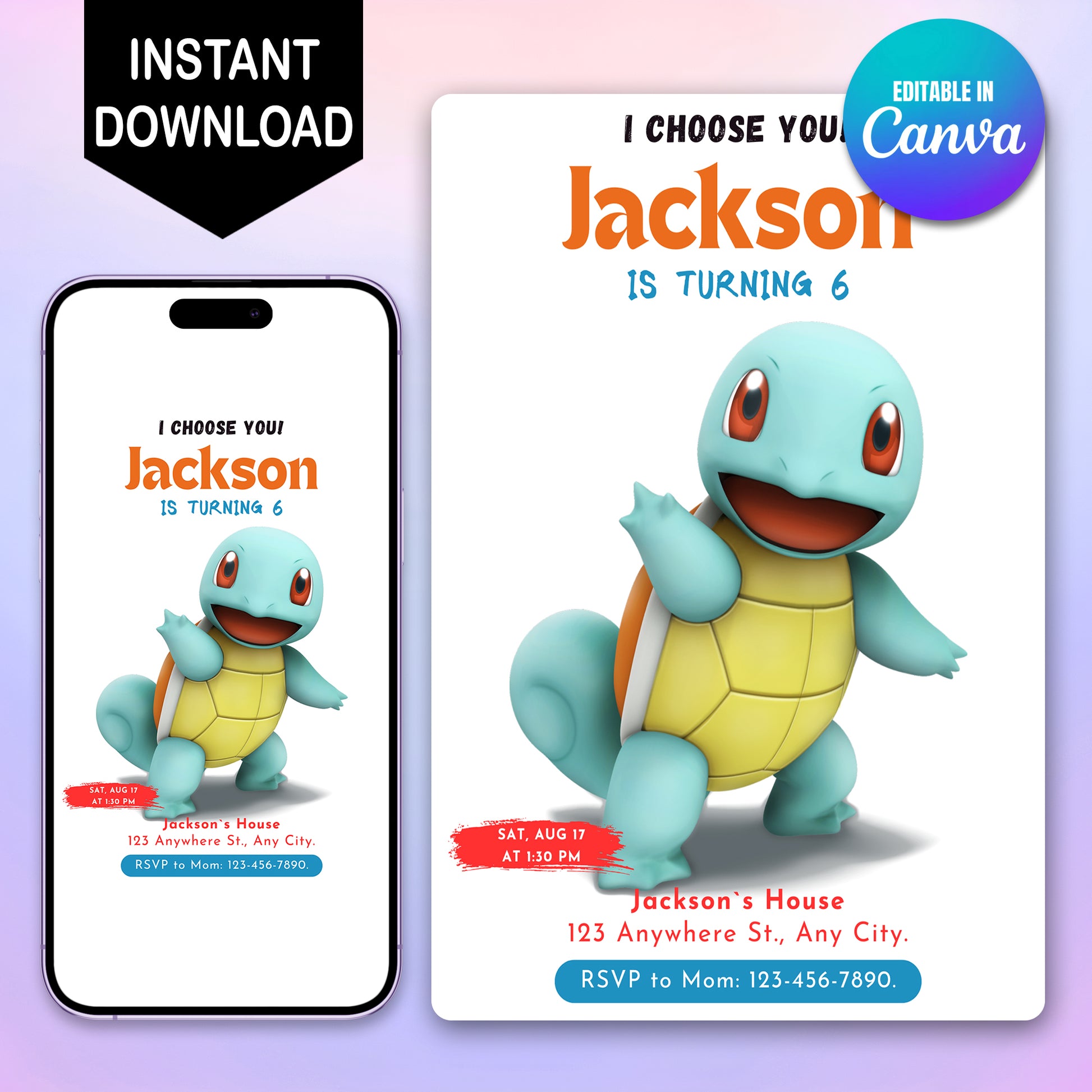 Squirtle Birthday Party Invitation Template | Pokemon Invite - CreativeRino