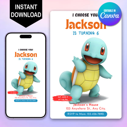 Squirtle Birthday Party Invitation Template | Pokemon Invite - CreativeRino