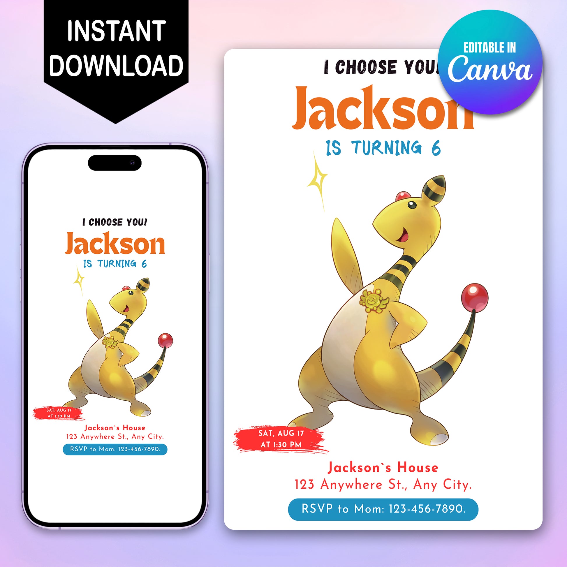 Ampharos Birthday Party Invitation Template | Pokemon Invite - CreativeRino