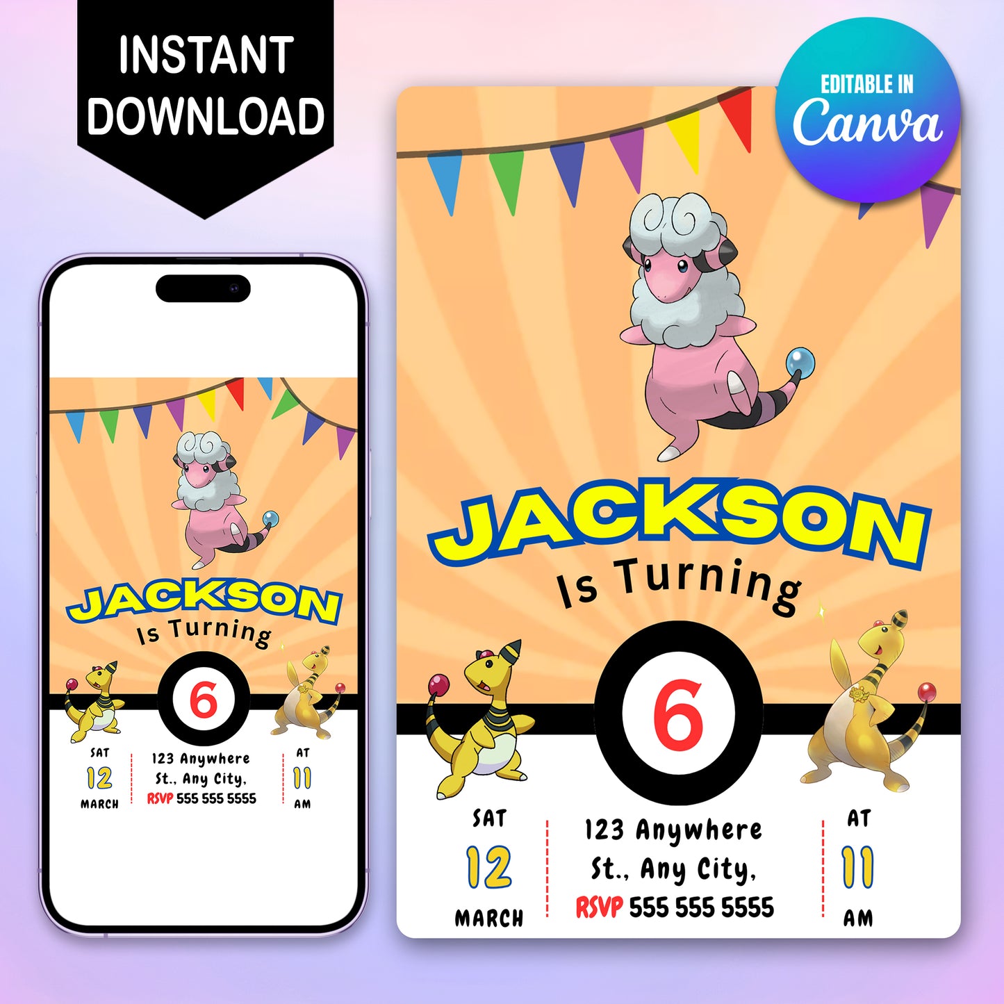 Ampharos Pokemon Birthday Party Invitation Template - CreativeRino