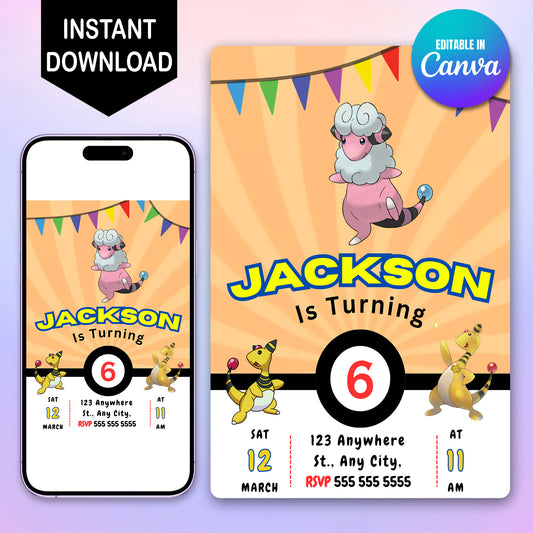 Ampharos Pokemon Birthday Party Invitation Template - CreativeRino