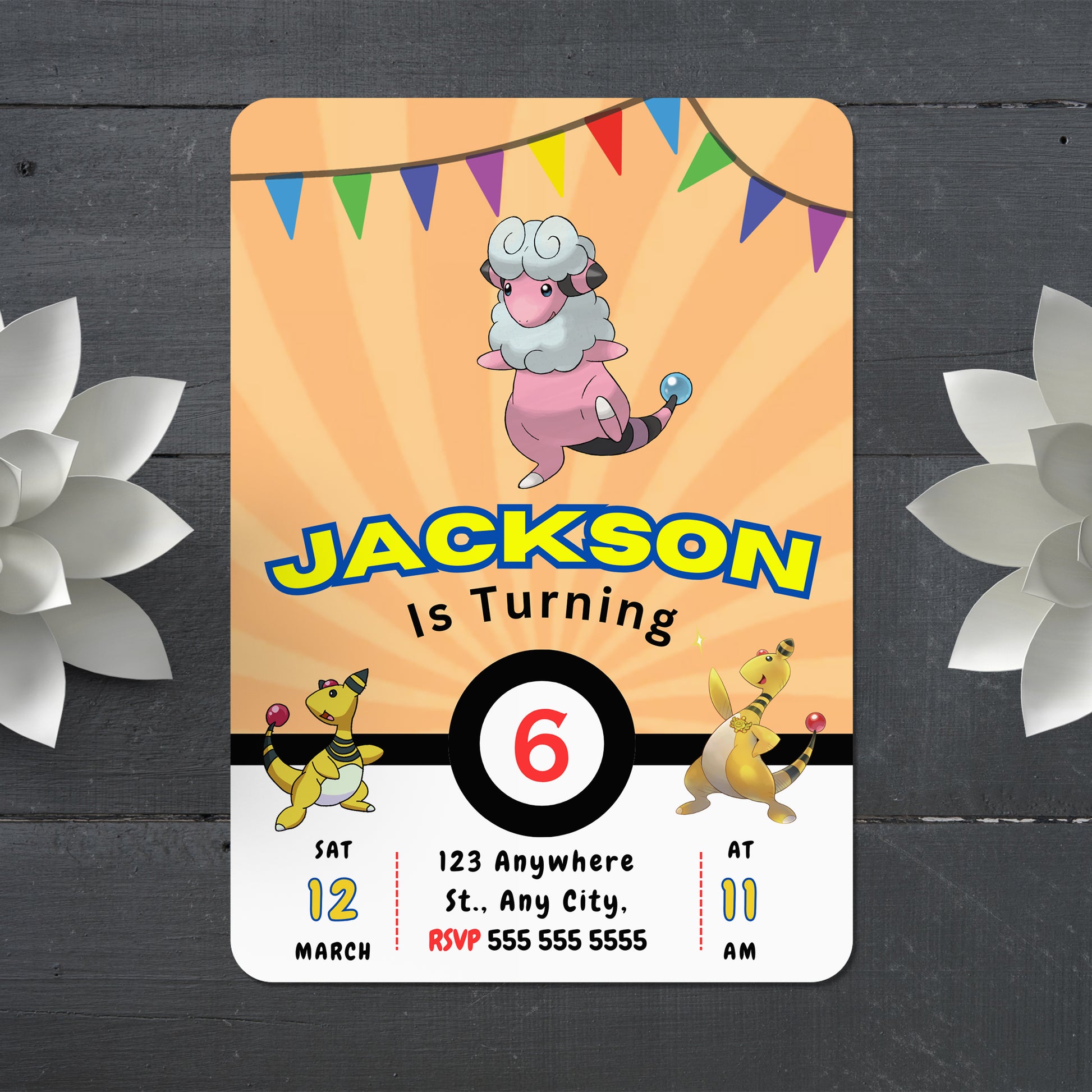 Ampharos Pokemon Birthday Party Invitation Template - CreativeRino