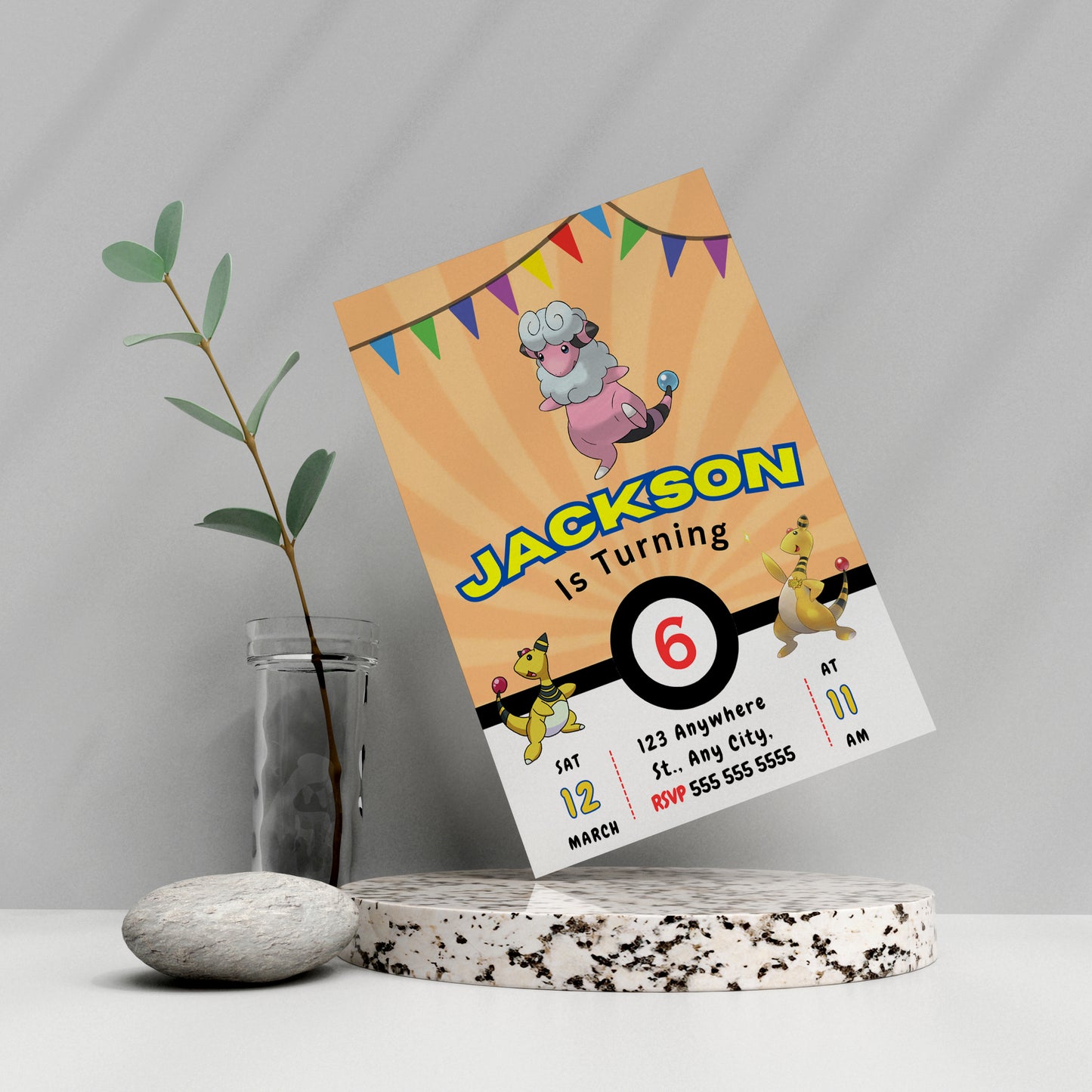 Ampharos Pokemon Birthday Party Invitation Template - CreativeRino