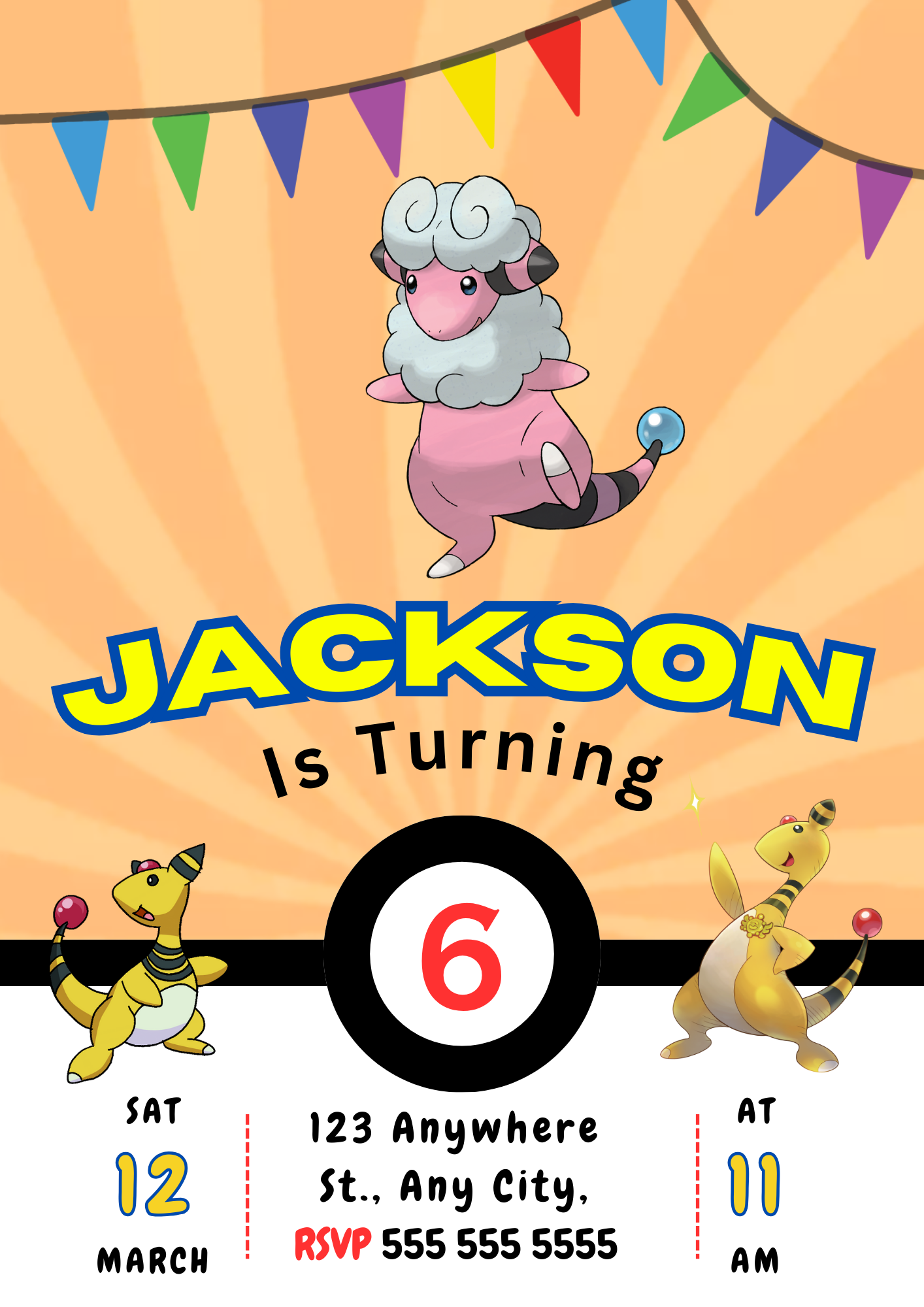 Ampharos Pokemon Birthday Party Invitation Template - CreativeRino