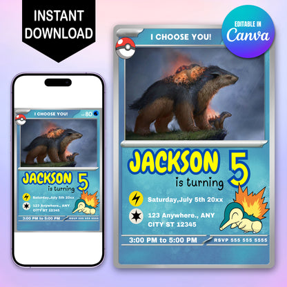 Typhlosion Invitation Template | Pokemon Card Birthday Invite - CreativeRino