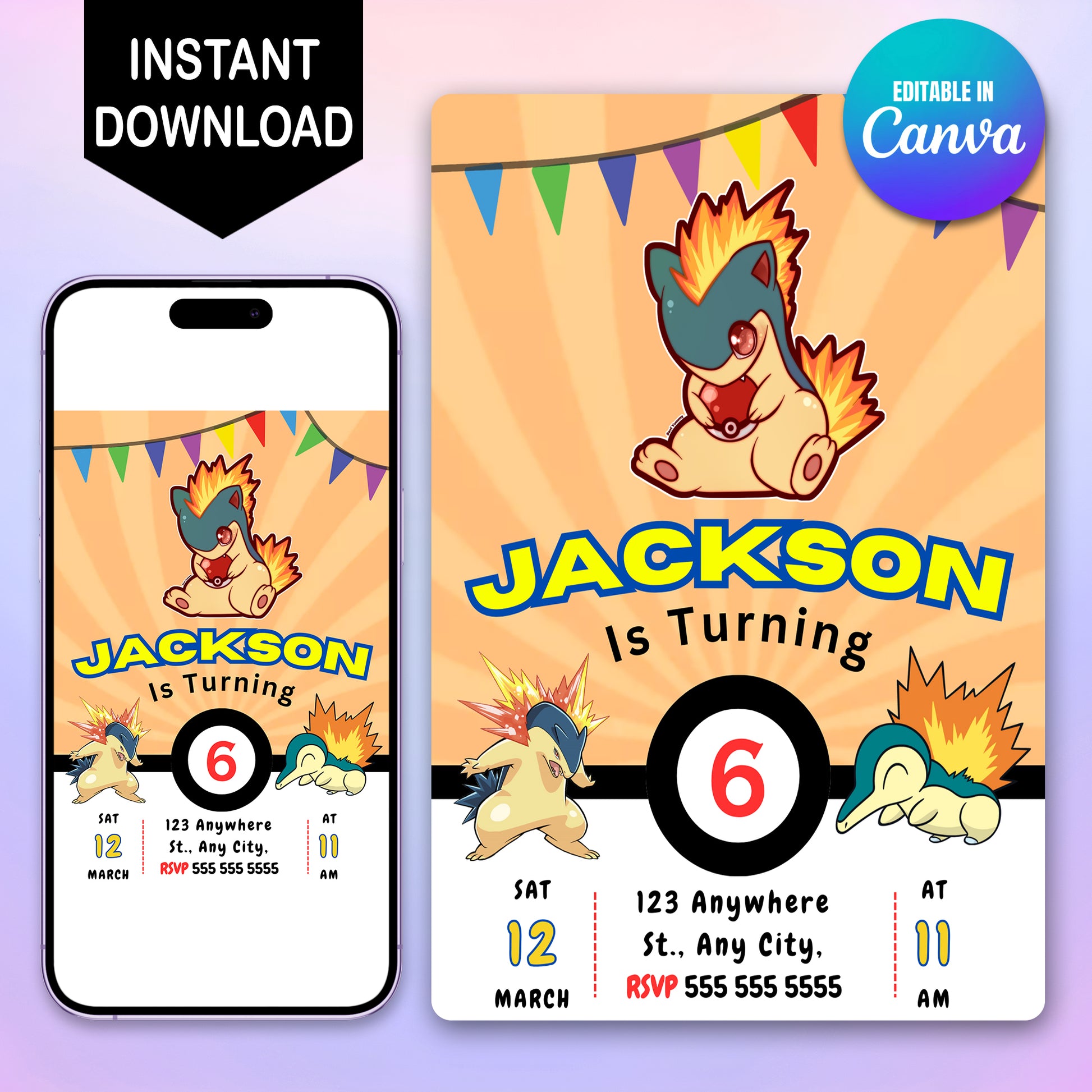 Typhlosion Pokemon Birthday Party Invitation Template - CreativeRino