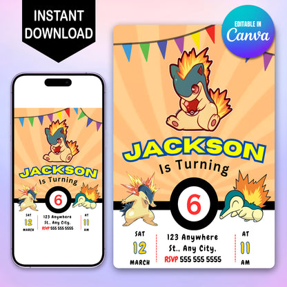 Typhlosion Pokemon Birthday Party Invitation Template - CreativeRino