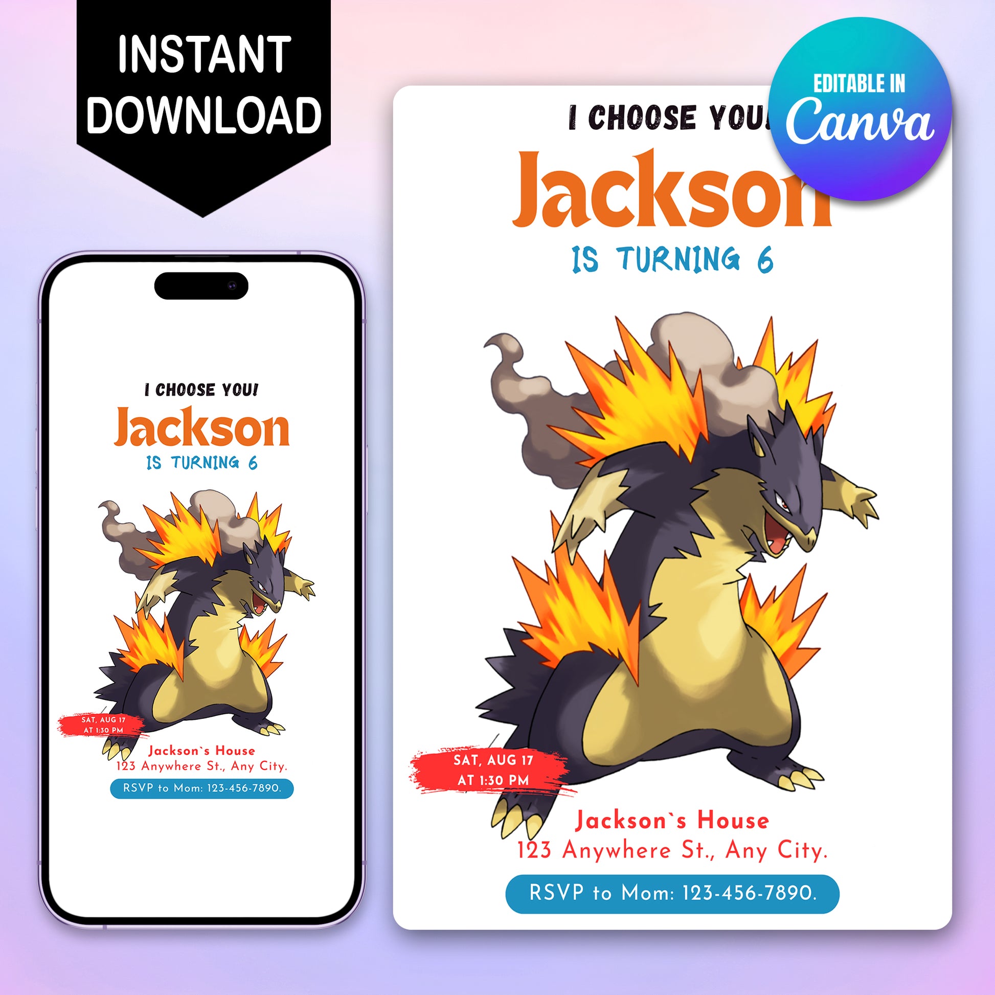 Typhlosion Birthday Party Invitation Template | Pokemon Invite - CreativeRino