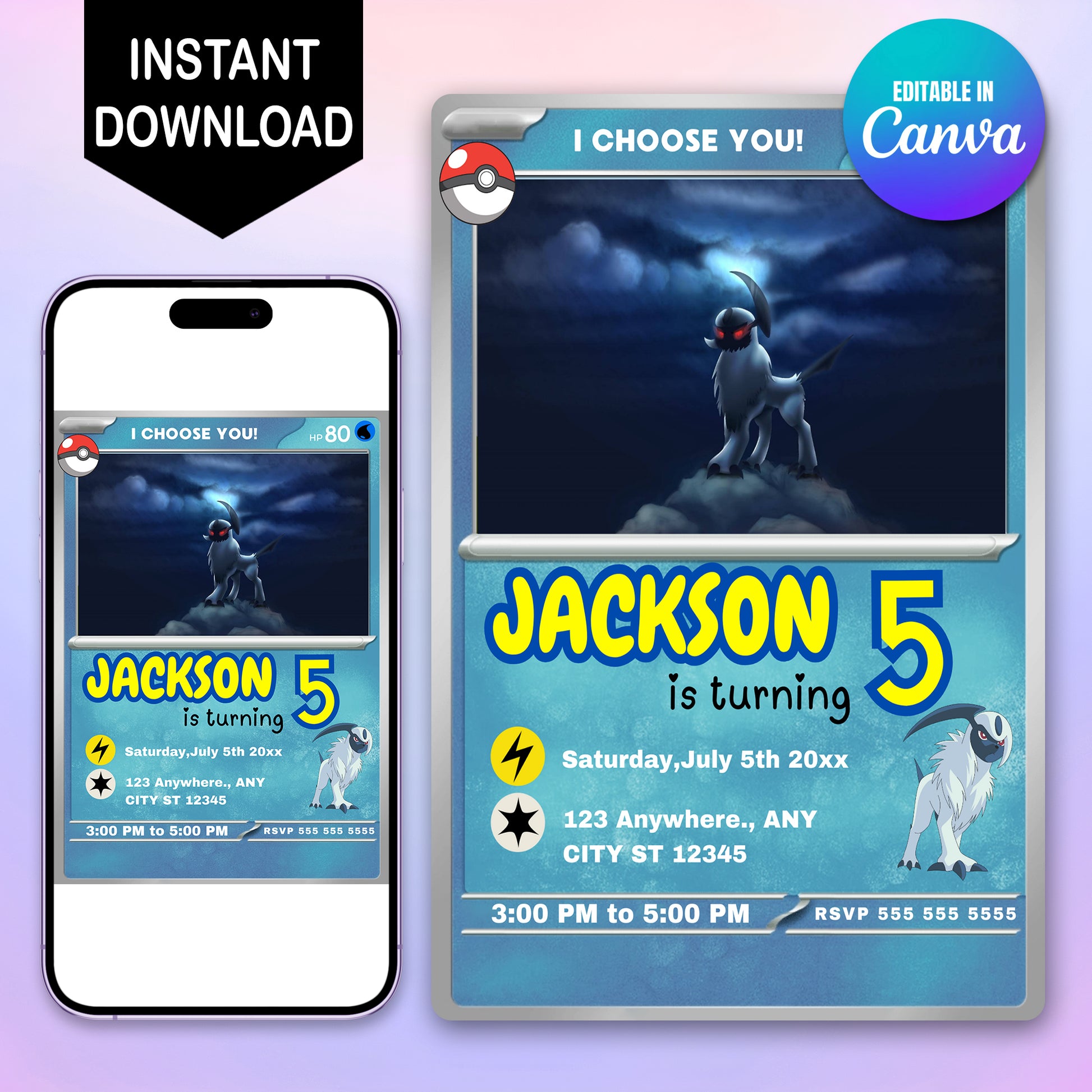 editable pokemon card Absol Invitation Template
