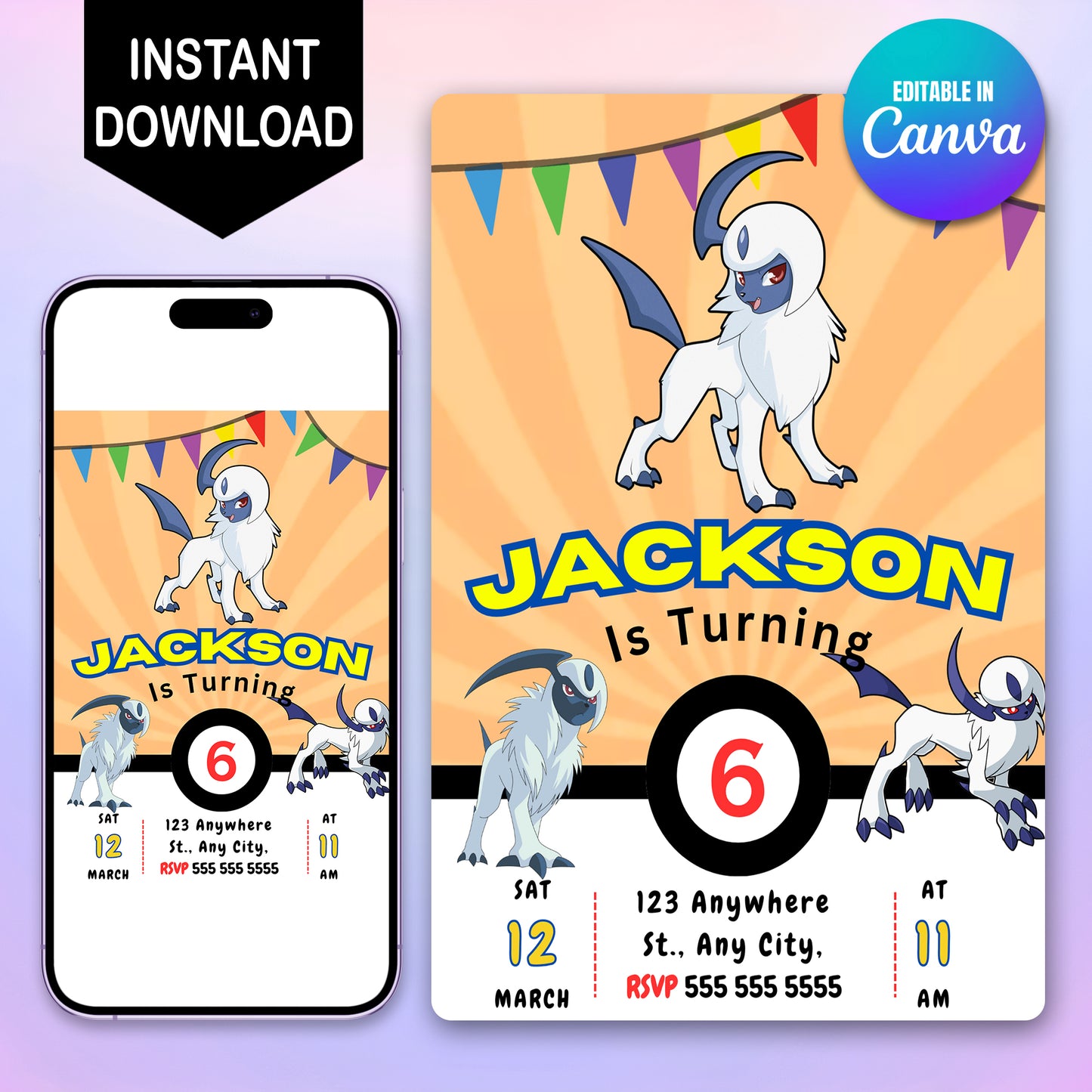 Absol Pokemon Birthday Party Invitation Template - CreativeRino