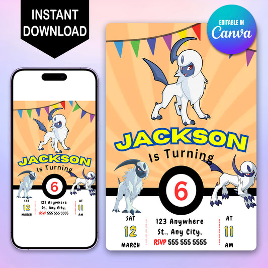 Absol Pokemon Birthday Party Invitation Template - CreativeRino