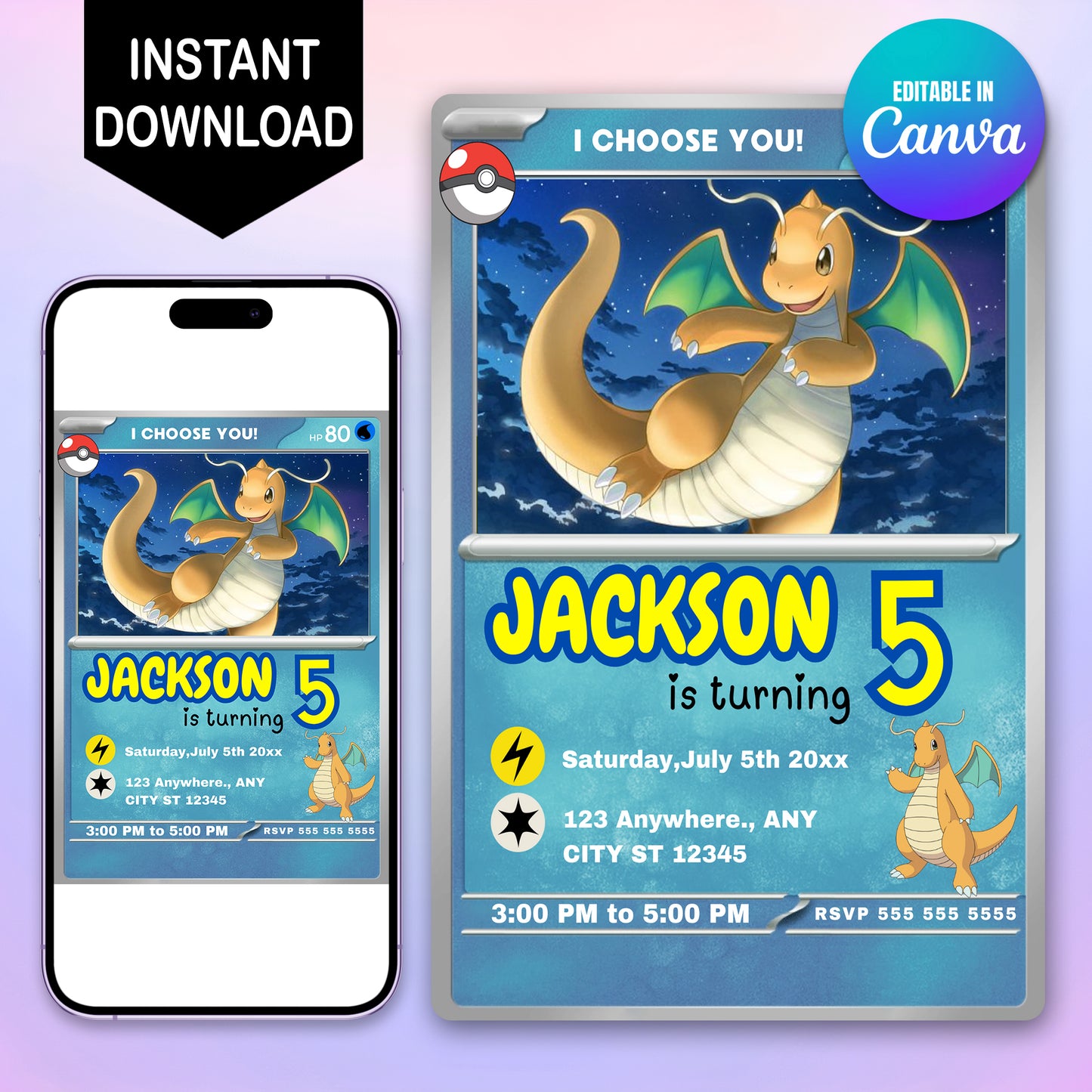 Dragonite Invitation Template | Pokemon Card Birthday Invite - CreativeRino