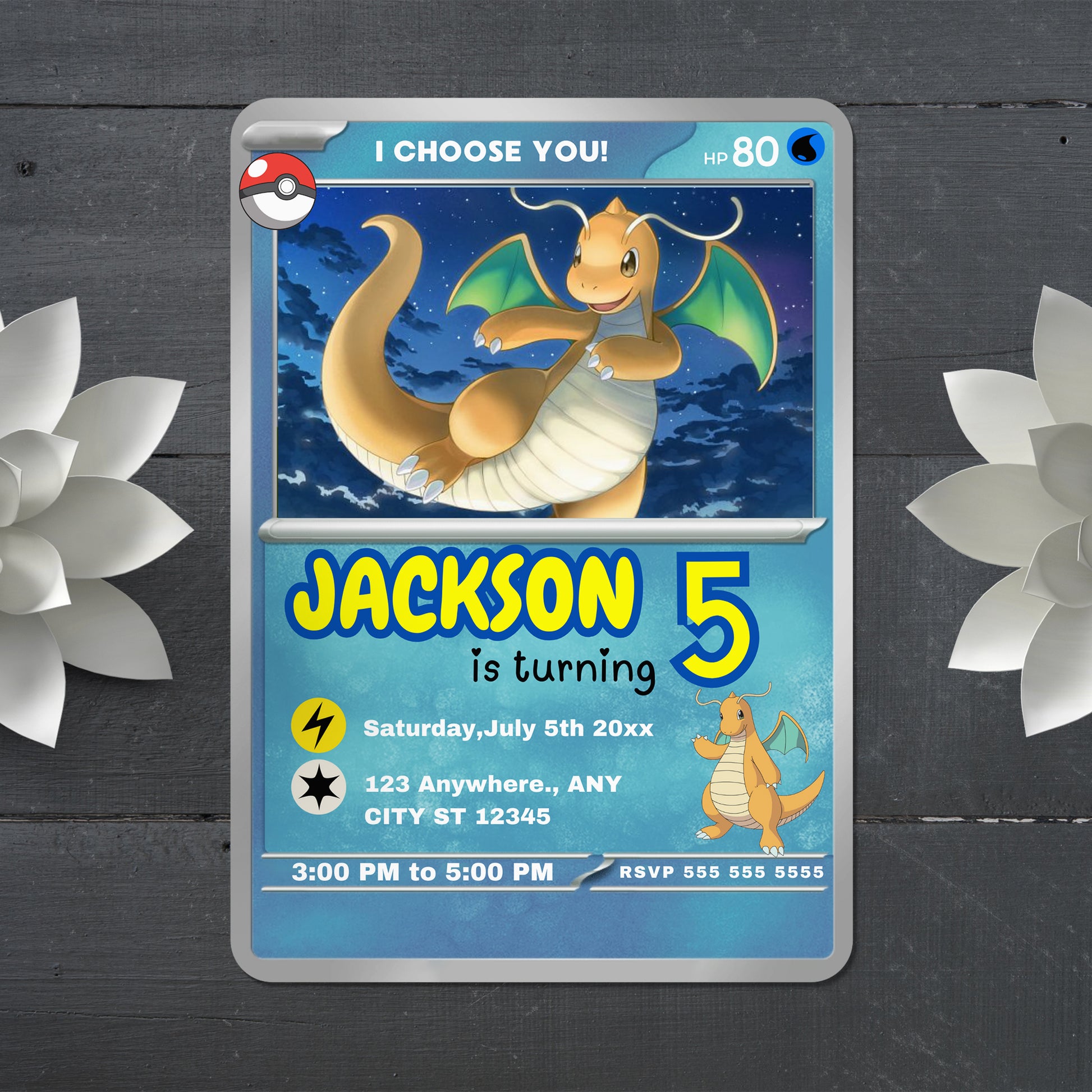Dragonite Invitation Template | Pokemon Card Birthday Invite - CreativeRino
