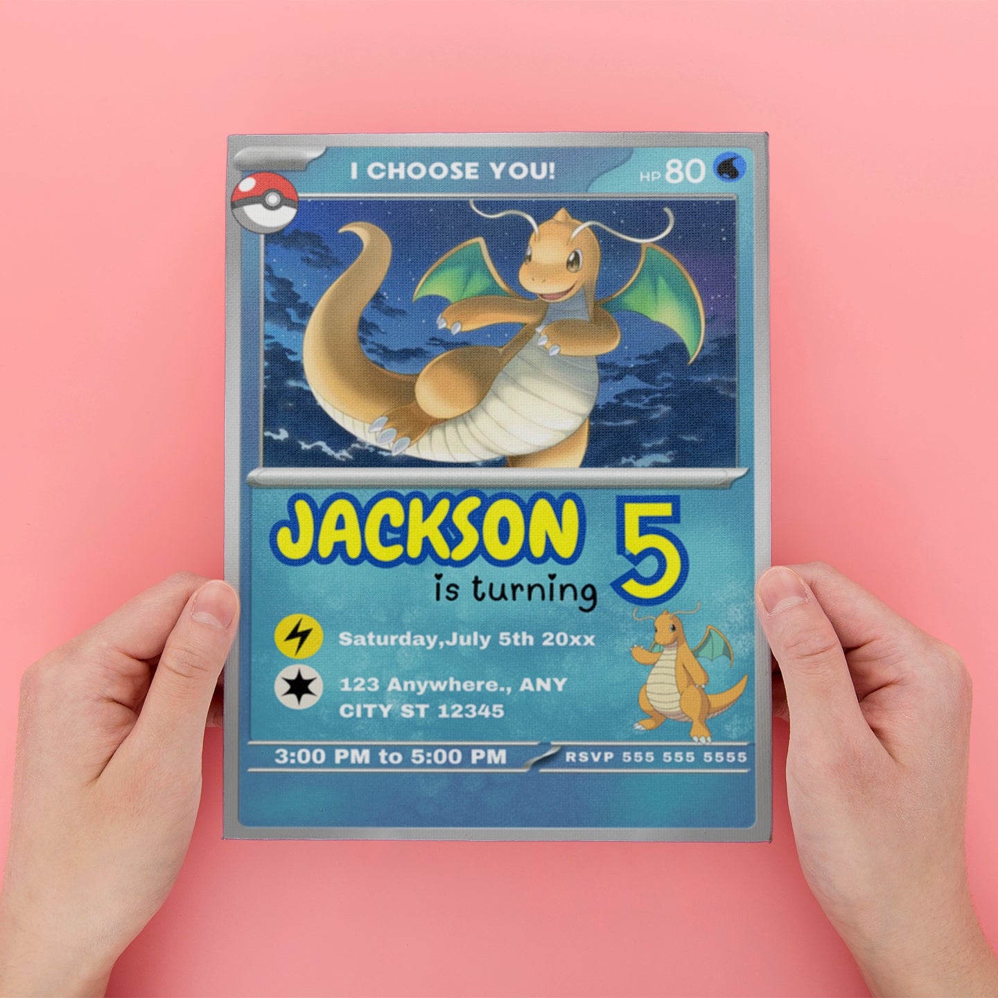 Dragonite Invitation Template | Pokemon Card Birthday Invite - CreativeRino