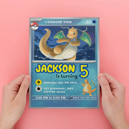 Dragonite Invitation Template | Pokemon Card Birthday Invite - CreativeRino