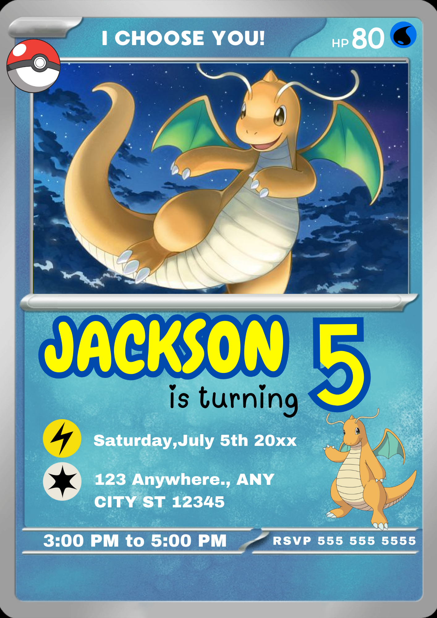 Dragonite Invitation Template | Pokemon Card Birthday Invite - CreativeRino