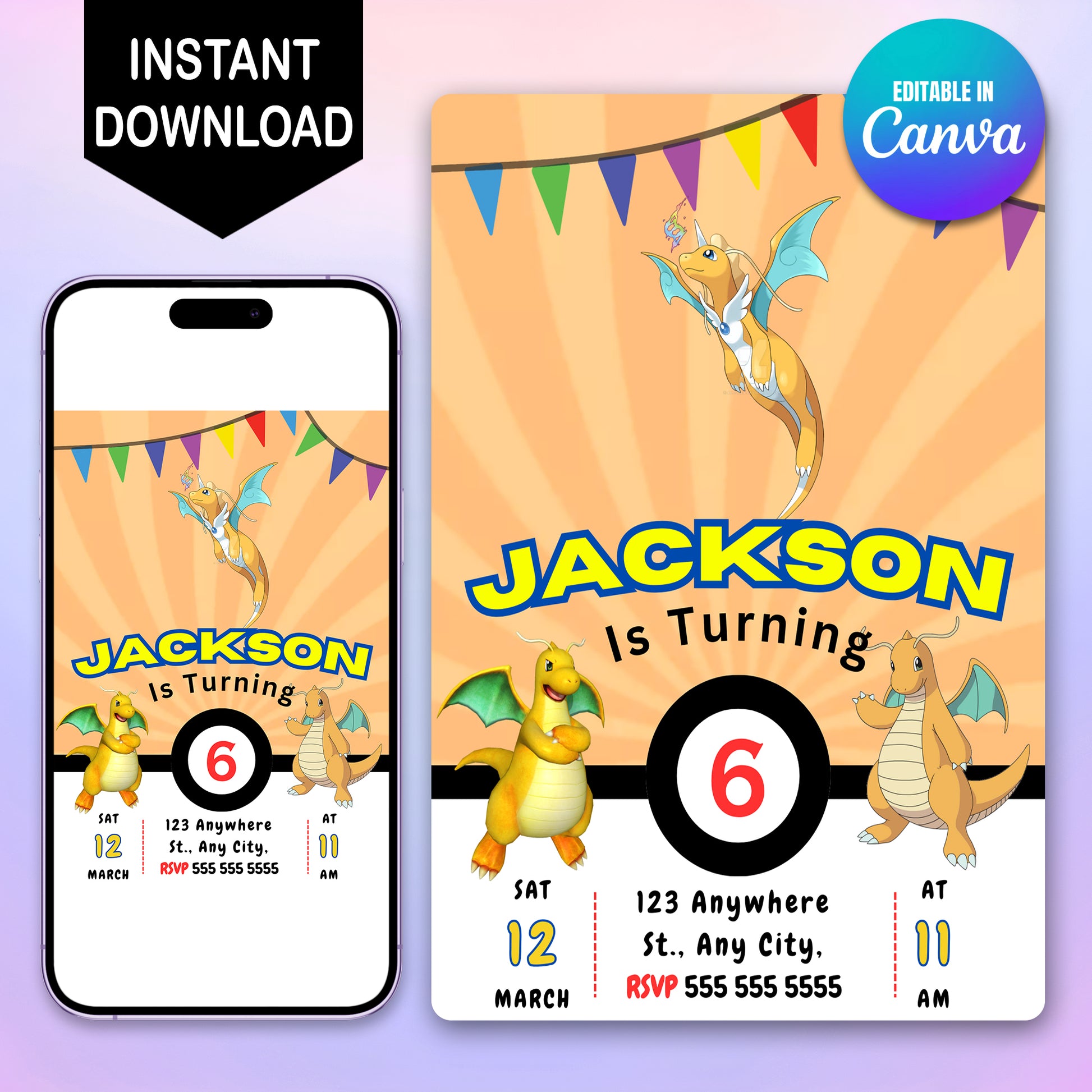 Dragonite Pokemon Birthday Party Invitation Template - CreativeRino