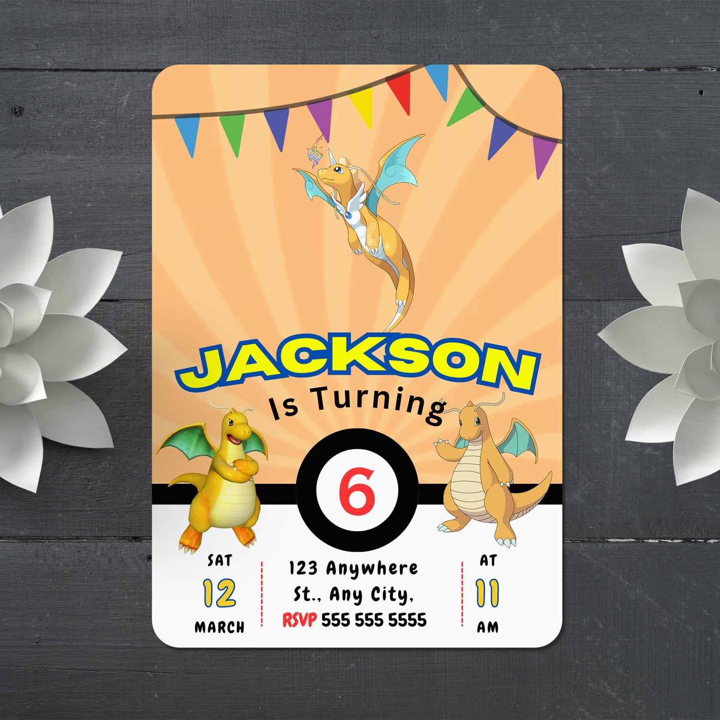 Dragonite Pokemon Birthday Party Invitation Template - CreativeRino