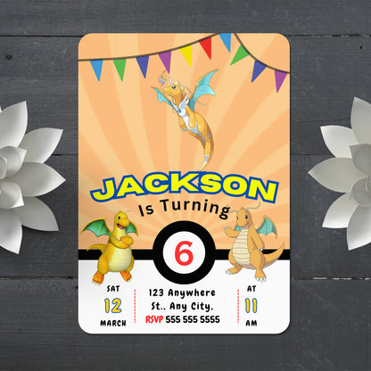 Dragonite Pokemon Birthday Party Invitation Template - CreativeRino