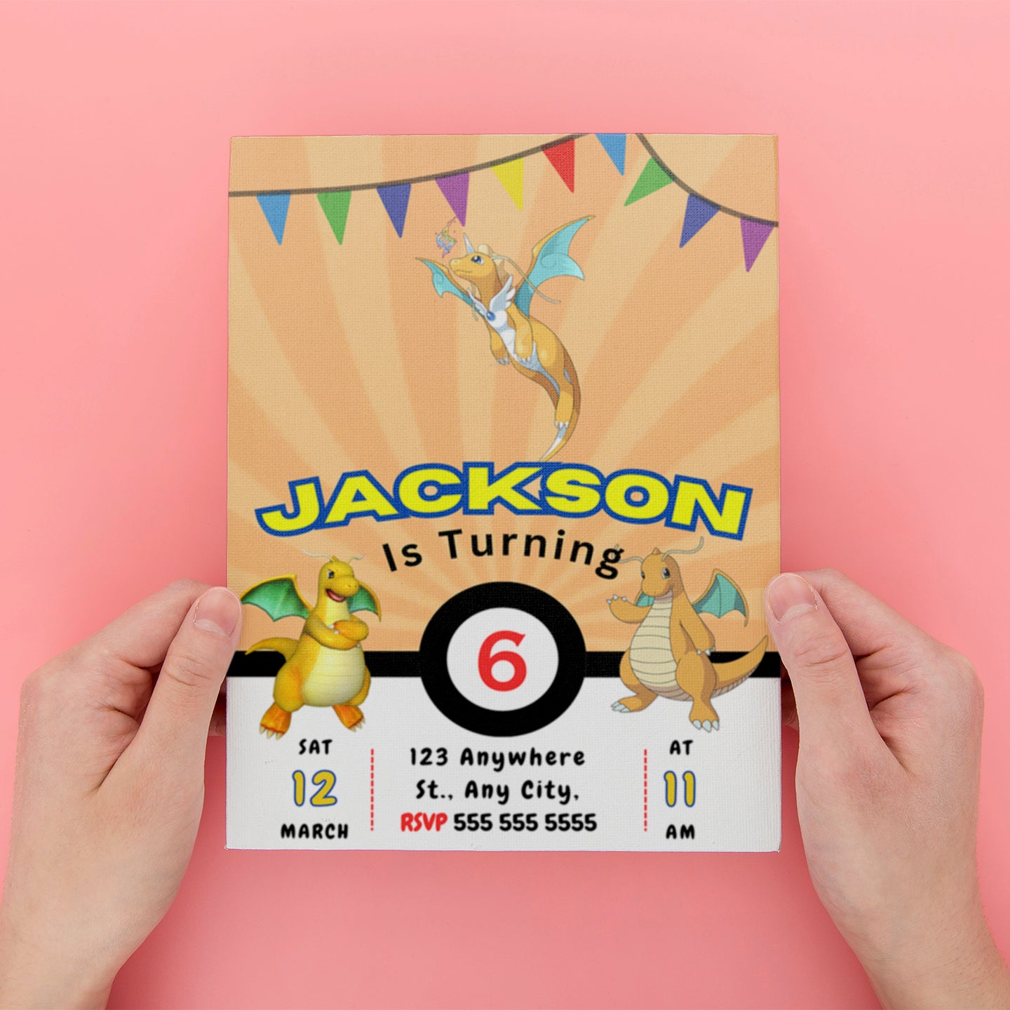 Dragonite Pokemon Birthday Party Invitation Template - CreativeRino