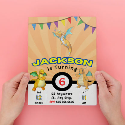 Dragonite Pokemon Birthday Party Invitation Template - CreativeRino