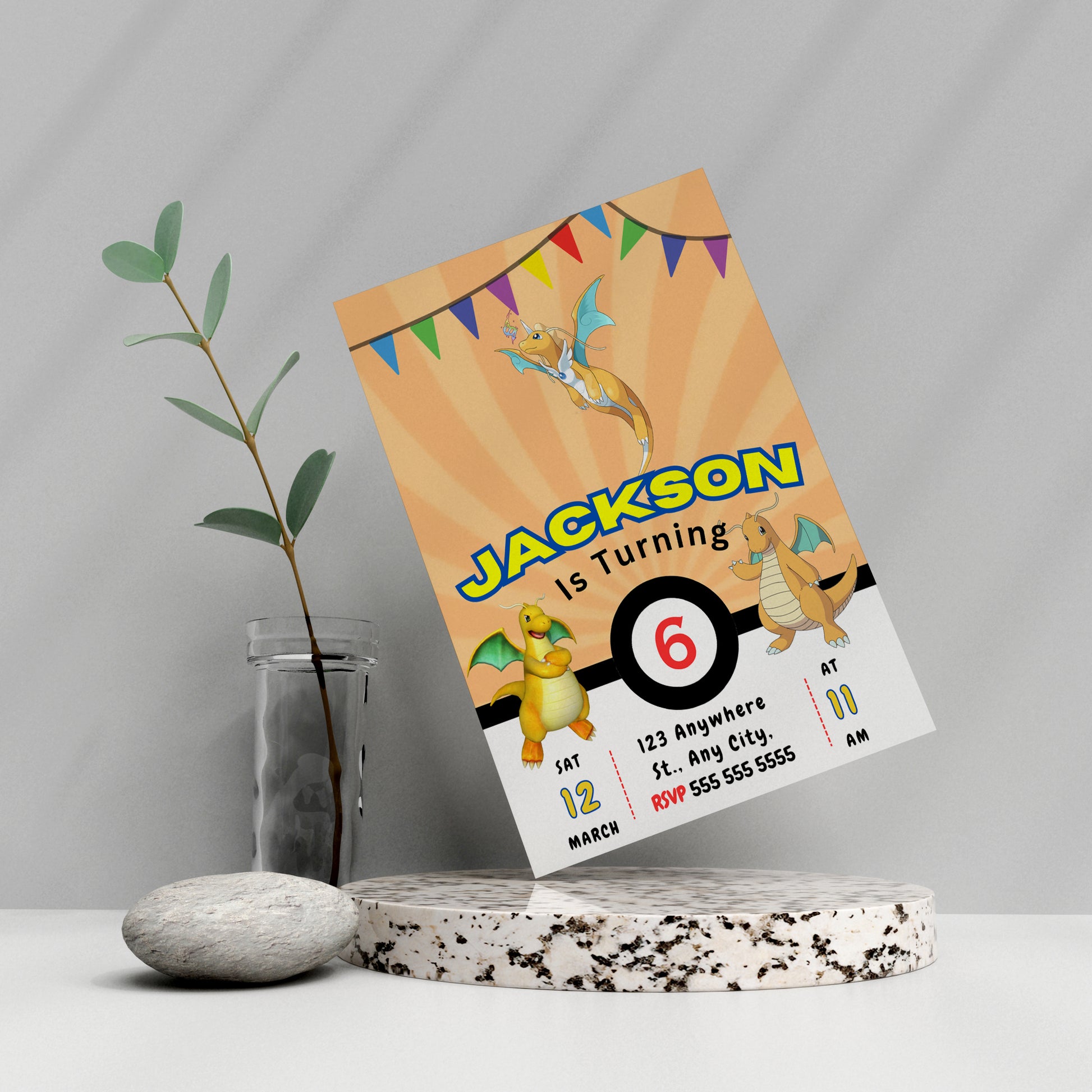 Dragonite Pokemon Birthday Party Invitation Template - CreativeRino