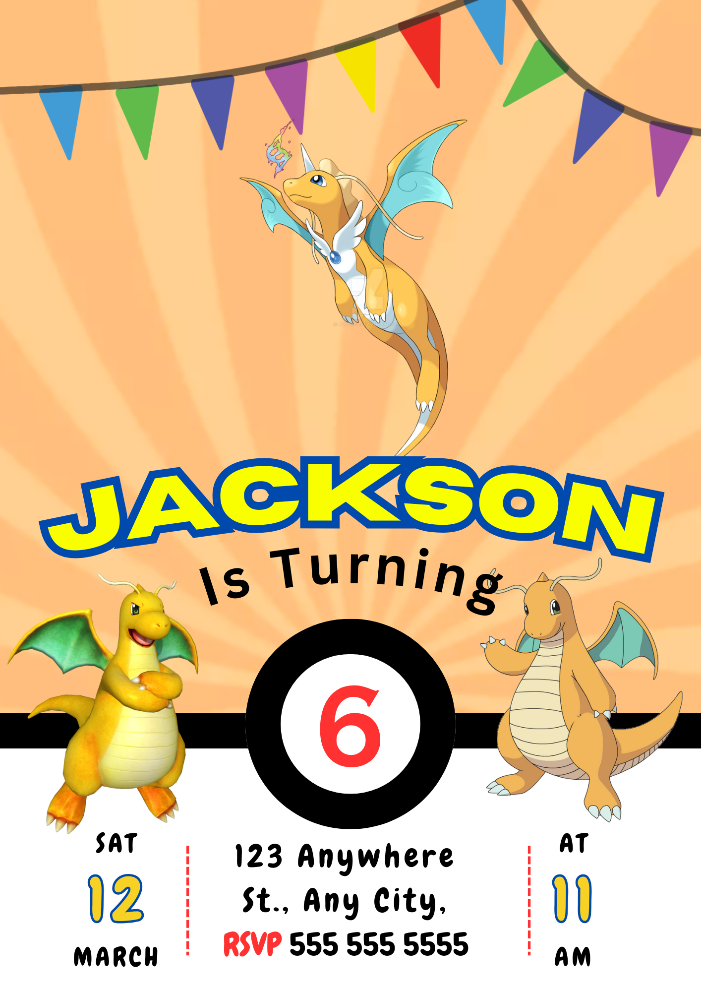 Dragonite Pokemon Birthday Party Invitation Template - CreativeRino