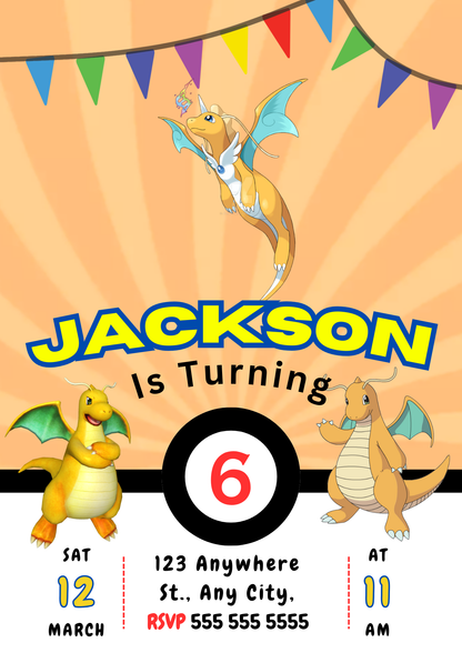 Dragonite Pokemon Birthday Party Invitation Template - CreativeRino