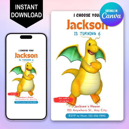 Dragonite Birthday Party Invitation Template | Pokemon Invite - CreativeRino