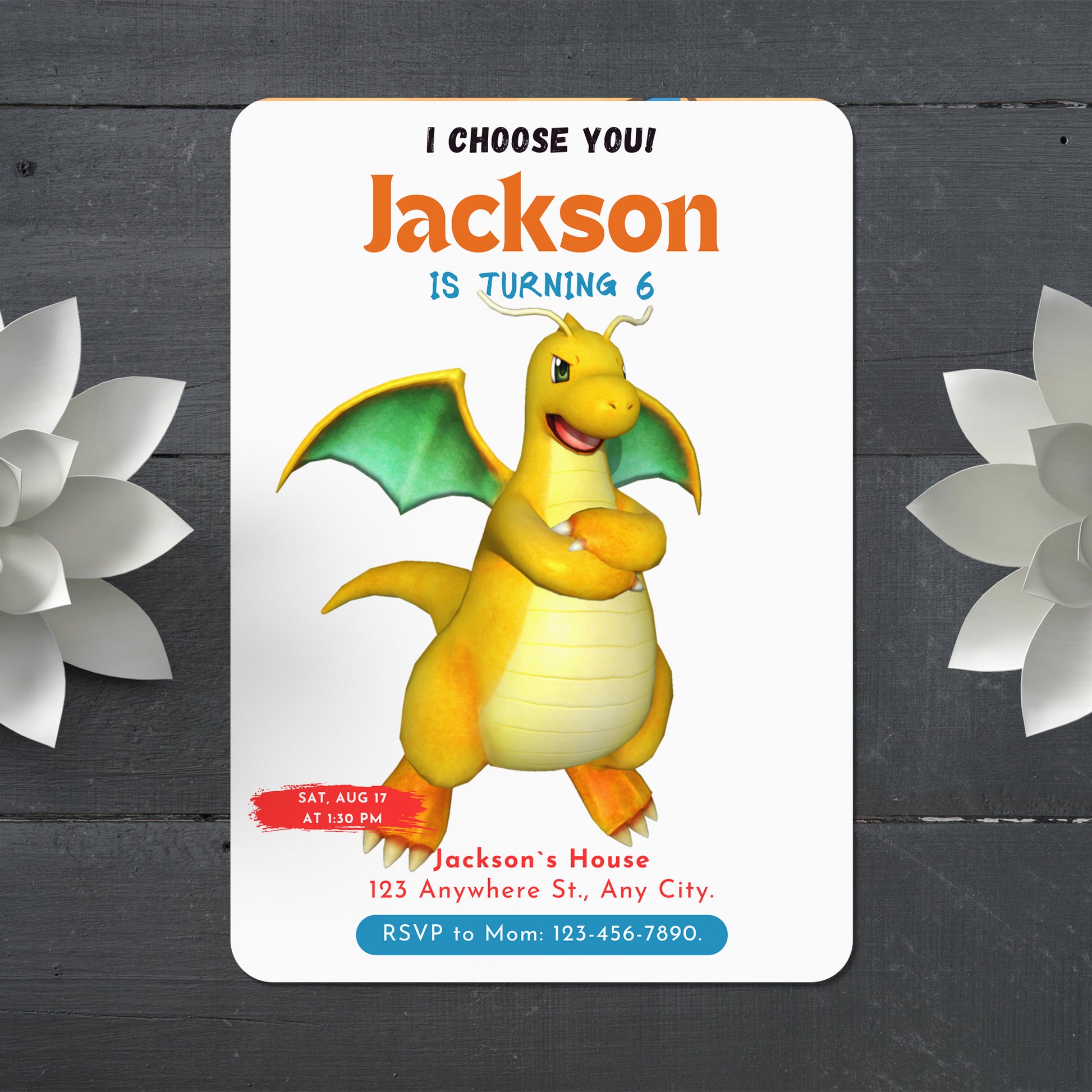 Dragonite Birthday Party Invitation Template | Pokemon Invite - CreativeRino