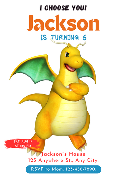 Dragonite Birthday Party Invitation Template | Pokemon Invite - CreativeRino
