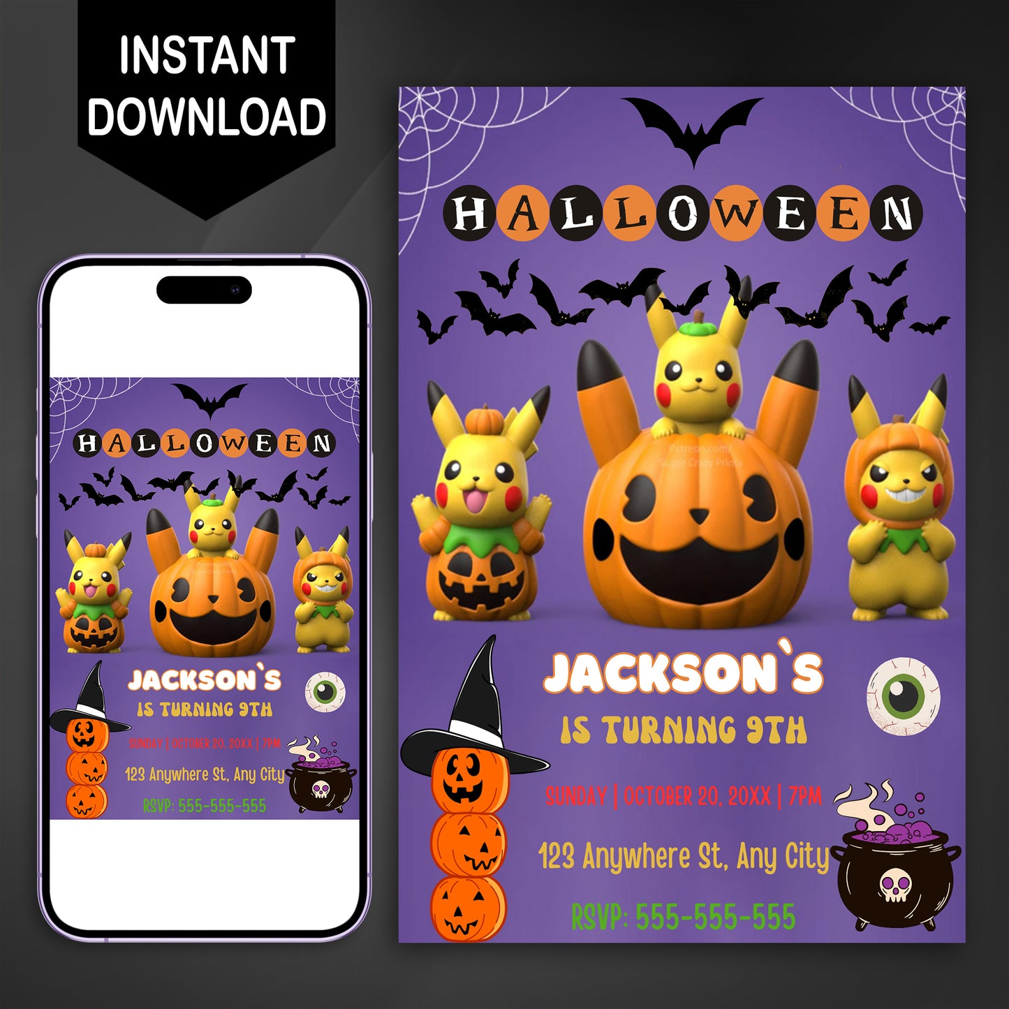 Pikachu Pokemon Halloween Invitation Template