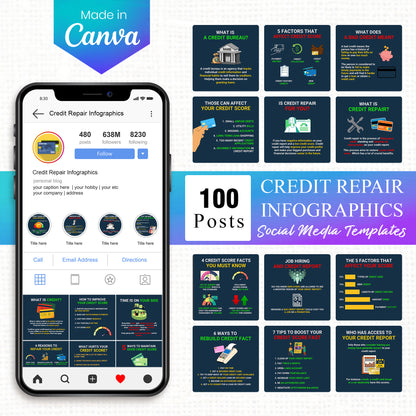 100 Credit Repair Infographics Social Media Post Template for Facebook and Instagram - CreativeRino