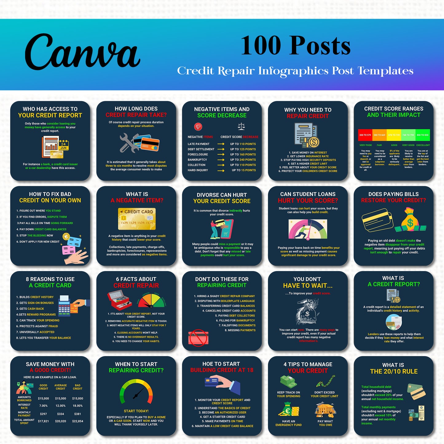 100 Credit Repair Infographics Social Media Post Template for Facebook and Instagram - CreativeRino