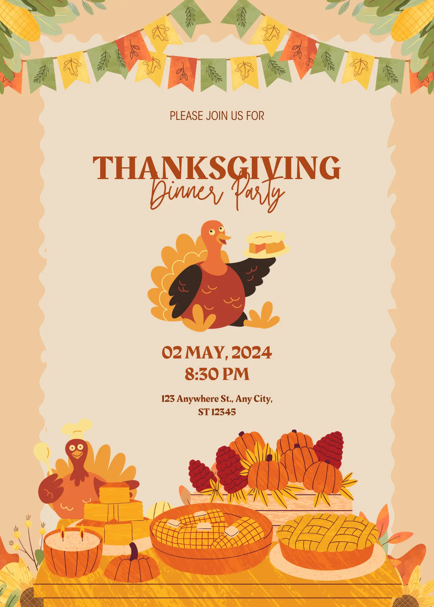 Turkey Thanksgiving Dinner Party Invitation Template - CreativeRino