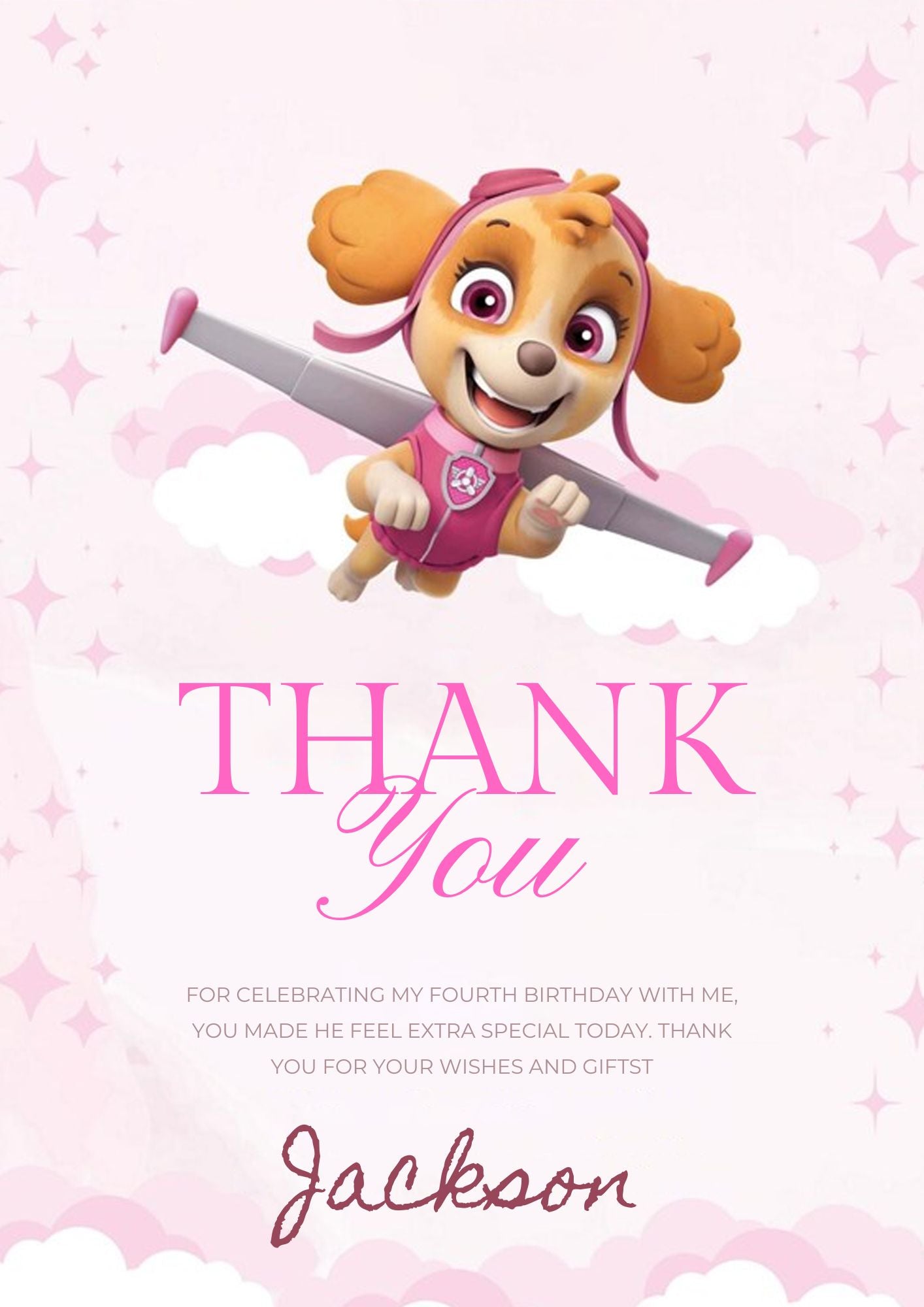 Pink Pow Patrol Thank You Card Template - CreativeRino