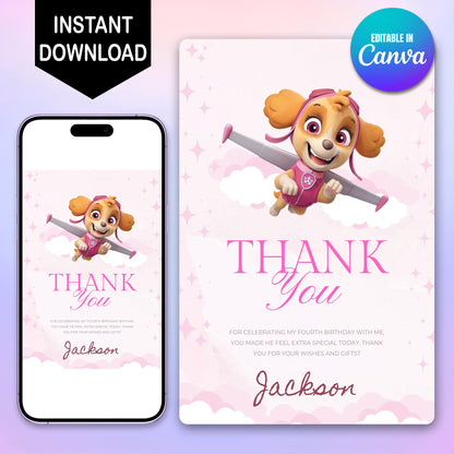 Pink Pow Patrol Thank You Card Template - CreativeRino