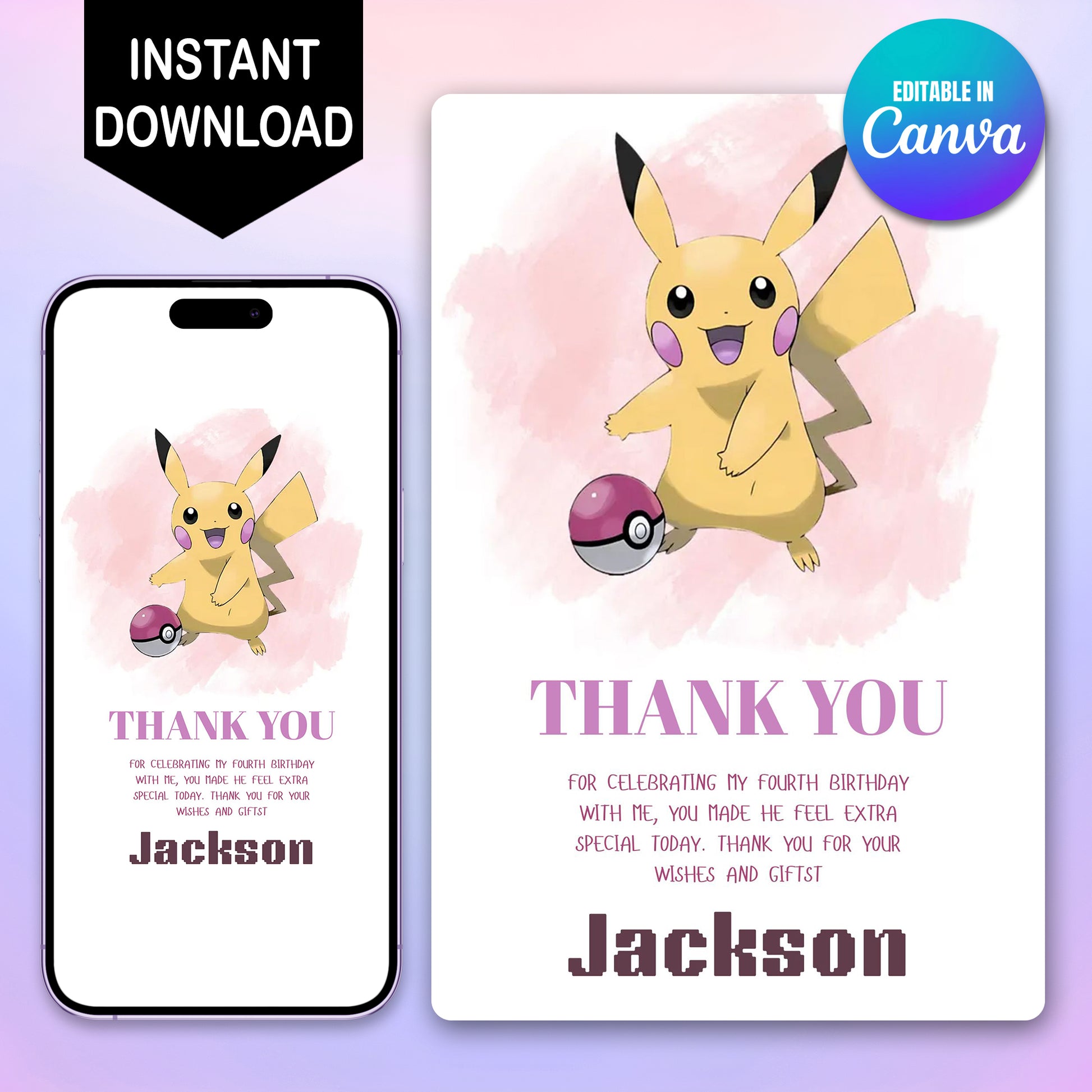 Pokemon Pikachu Thank You Card Invite - CreativeRino