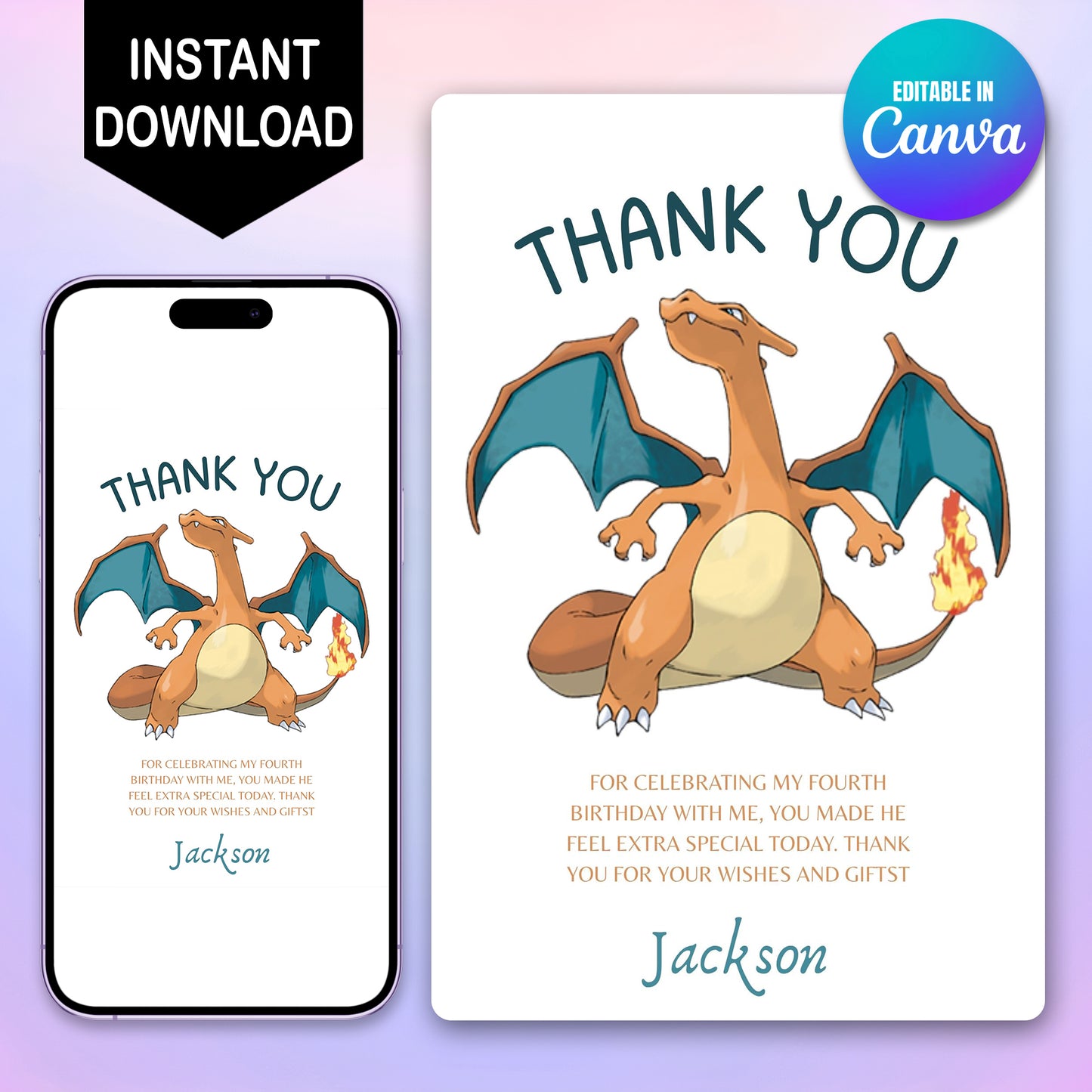 Charizard Thank You Card Invite - CreativeRino