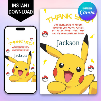 Pikachu Thank You Card Invite - CreativeRino