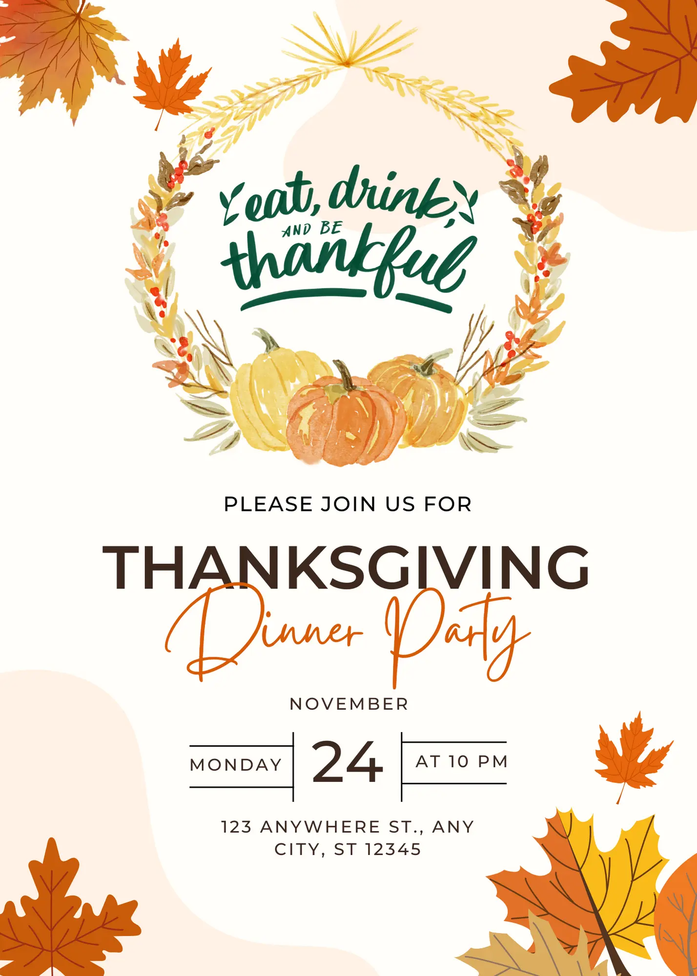 Eat drink and be thankful Thanksgiving Dinner Party Invitation Template - CreativeRino