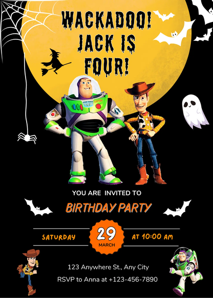 Toy Story Halloween Birthday Party Invitation Template | Woody & Buzz Lightyear Invite - CreativeRino