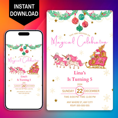 Christmas Unicorn Birthday Party Invitation Template - CreativeRino