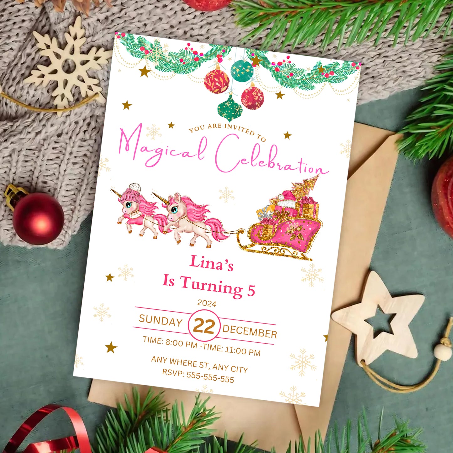 Christmas Unicorn Birthday Party Invitation Template