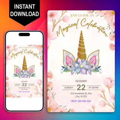 Magical Celebration Unicorn Christmas Invitation Template - CreativeRino