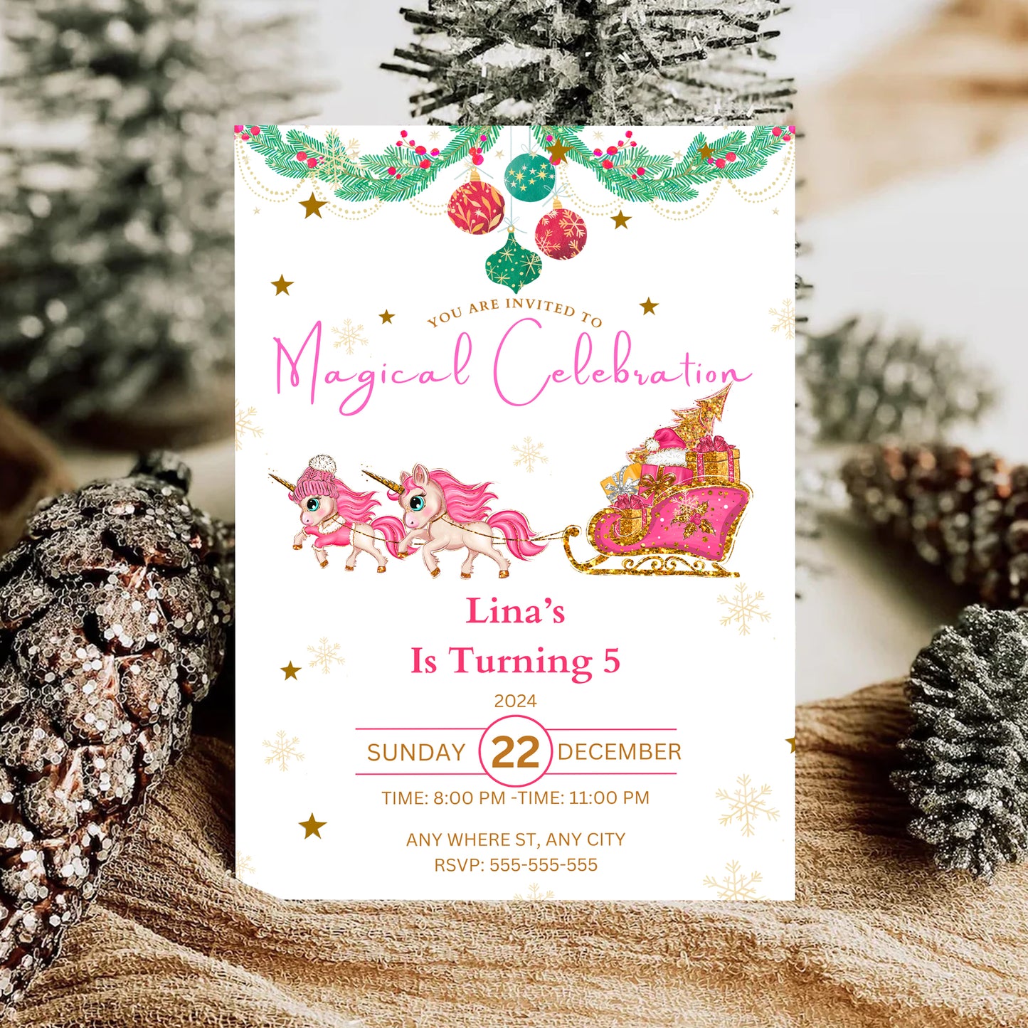 Christmas Unicorn Birthday Party Invitation Template - CreativeRino